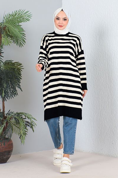 MODAQU Black Long Striped Knitwear Tunic