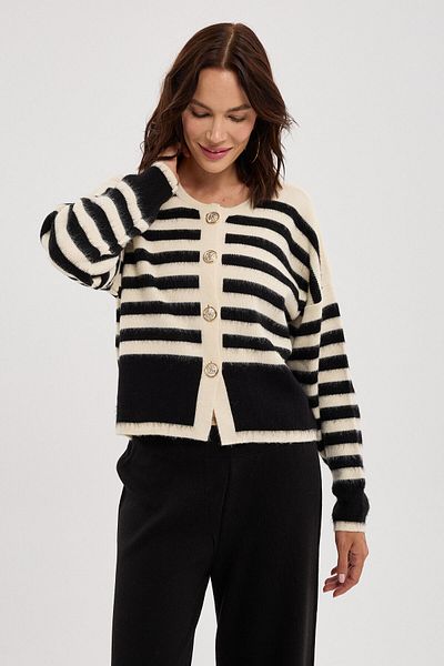 BEJNA Schwarz gestreifter, weicher Strick-Cardigan mit Metallknöpfen für Damen