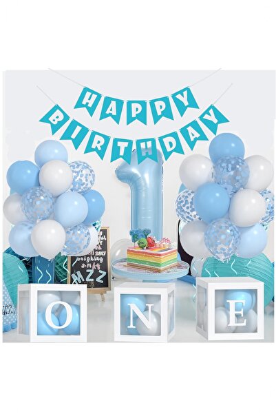 BİDOLUMUTLULUK One Yazılı Şeffaf Kutu Balonlu Doğum Günü Seti Parti Kutlama Eğlence