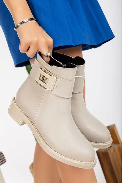 MFT AYAKKABI Μπεζ Γυναικείες Μπότες - 3 cm Flat Heel and Zipper