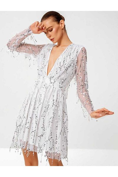 MODAS Long Sleeve V-Neck Fringed Pull Mini Dress