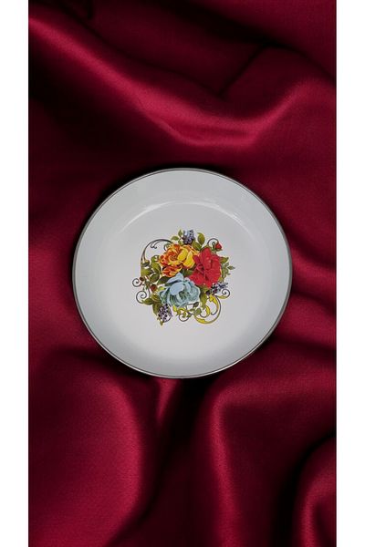 emaye market Enamel 18cm Patterned Custard Food Breakfast Set - Pit, Salad and Chips Plate