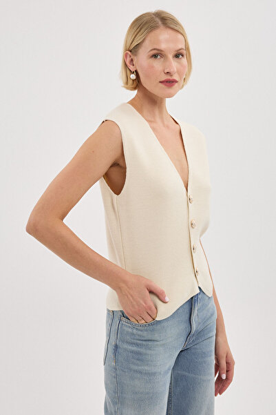 BEJNA Kadın Krem V Yaka Metal Düğmeli Triko Yelek