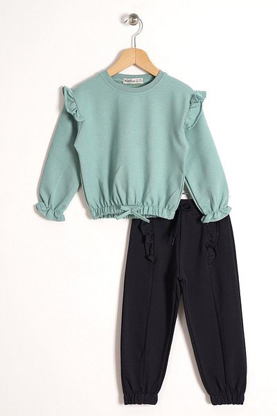 zepkids Crew Neck Long Sleeve Trousers Stitching Detailed Çağla Smoke Color Girl's Tracksuit Set