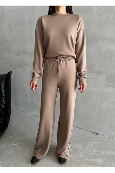 Laluvia Nerzfarbenes Sweat-Hosenset mit weitem Bein