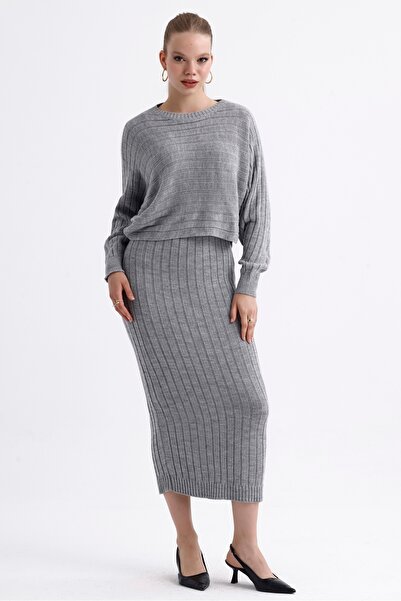 MD trend Women's Crop Flowy Sweater and Double V-Neck Strappy Ribbed Dress Double Knitwear Set