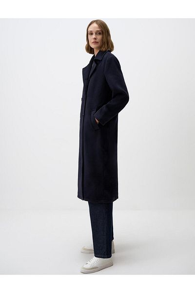 Jimmy Key Navy Blue Button Detailed Jacket Collar Midi Stamp Coat