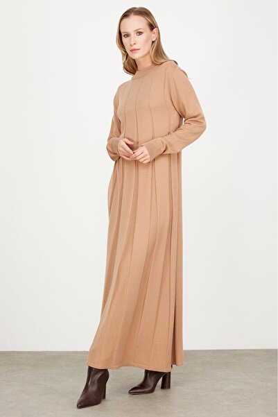 Genel Markalar Kalın Piliseli Triko Elbise CAMEL