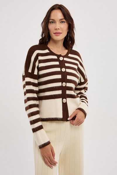 BEJNA Brauner, gestreifter, weicher Strick-Cardigan mit Metallknöpfen für Damen