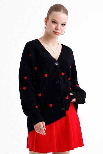 MD trend Cardigan de tricotaj cu nasturi cu model de inimă pentru femei
