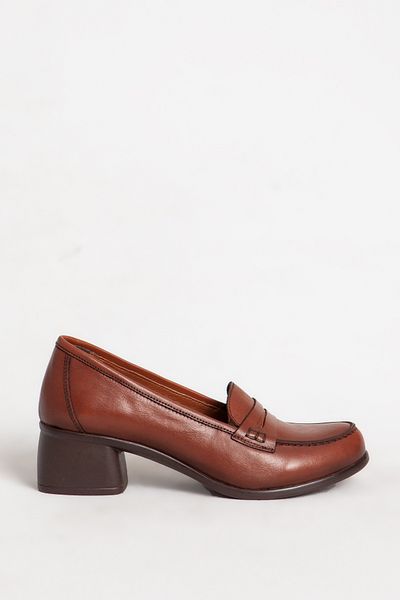 Dericlub Women's Classic Square Heeled Shoes - Genuine Leather, Tan Br 04045