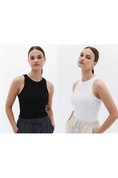 Actiwear Ribbed Halter Neck Women's Knitted Athlete T-Shirt - Pack of 2