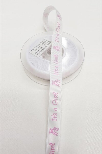 Limelia Beyaz Renk Pembe Yazılı Grogren Kurdele Bebek Temalı 1,5 Cm