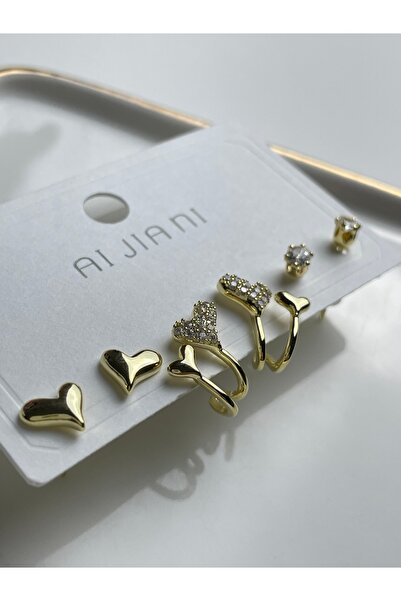 Poison Accessories Kalp detaylı zirkon taşlı gold çelik altılı set küpe