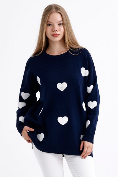 MD trend Women's Heart Patterned Crew Neck Oversize Knitwear Sweater