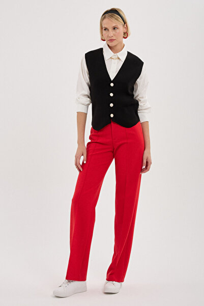 BEJNA Women's Black V-Neck Metal Buttoned Knitwear Vest