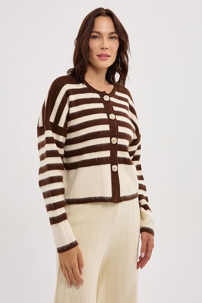 BEJNA Brauner, gestreifter, weicher Strick-Cardigan mit Metallknöpfen für Damen