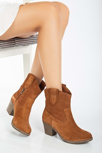 ANALİN SHOES Kadın Hakiki Deri Yumuşak Süet Western Kovboy Bot - Taba Süet