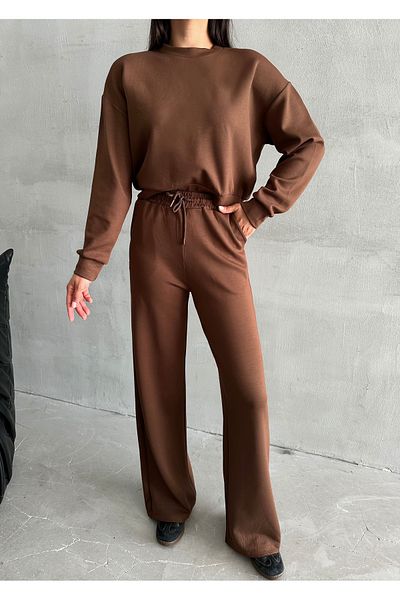 Laluvia Brown Sweat Wide Leg Trousers Set