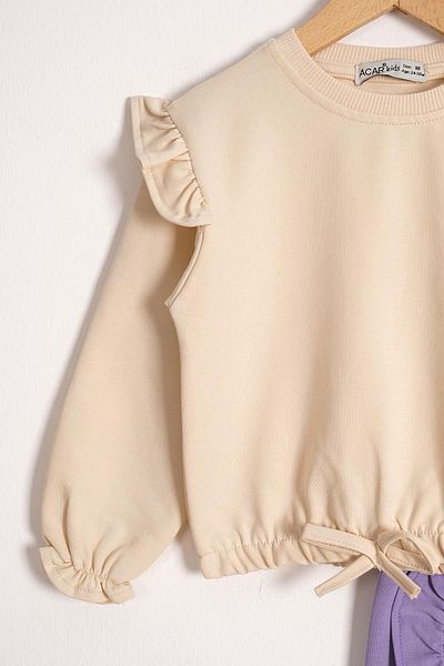 zepkids Crew Neck Long Sleeve Trousers Beige-Lilac Color Girl's Tracksuit Set with Stitching Detail