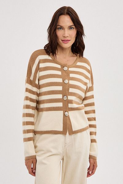 BEJNA Damen-Cardigan aus weichem Strick mit Kamelstreifen und Metallknöpfen
