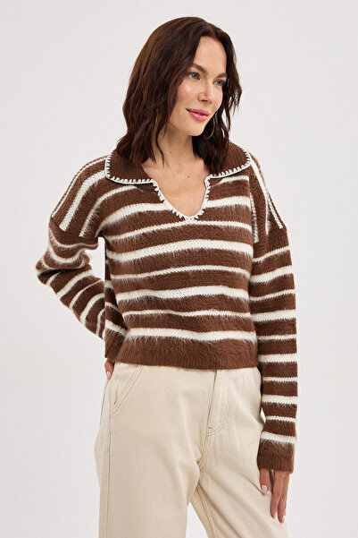 BEJNA Women's Brown Embroidered Polo Collar Striped Knitwear Sweater