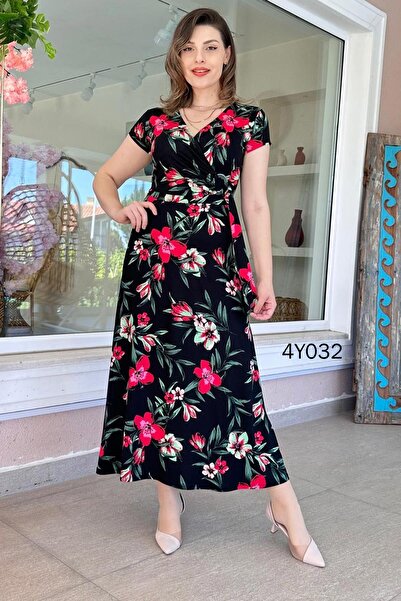 İnce Topuk فستان فيسكوز مزدوج الصدر بإبزيم - 4y032