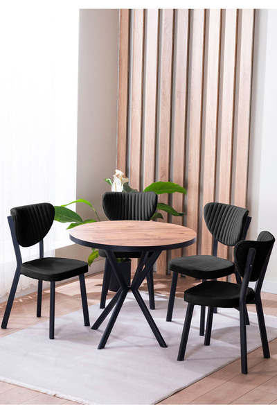 AVVİO Elma Yuvarlak Ceviz Mutfak Masa Takımı 4 Sandalyeli Salon Yemek Masa Ta...