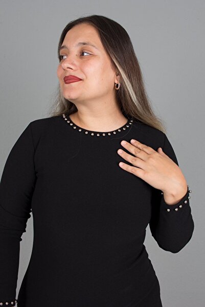 Truva XXL Plus Size Collar and Sleeve Black with Pearl Detail