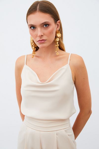 Sateen Beige Satin Blouse - Degaje Collar