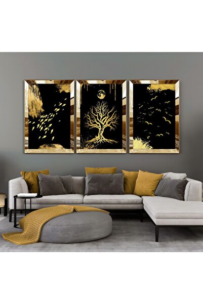 Harikabirev HARİKABİREV - Combinație de peisaj auriu-negru - Tablou MDF cu ca...