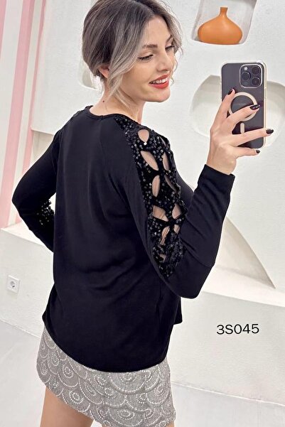 İnce Topuk Laser Cut Pul Detail Blouse with Sleeves 3S045
