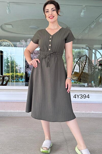 İnce Topuk Button Detailed Elastic Waist Dress - 4Y394