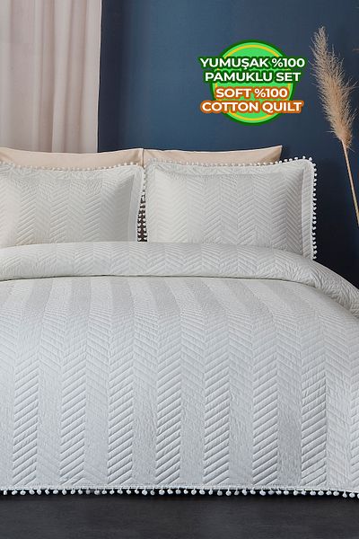 Evlen Home Collection Single Pompom Mattress Set - 100% Cotton, Daily Filled, Off-White Cream