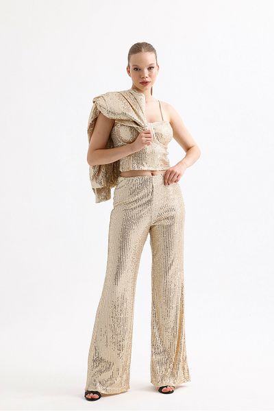 Sense Lined Elastic Waist Sequin Evening Dress Trousers |   Pnt35233 Gold