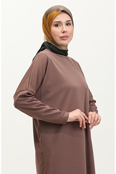 sefamerve Yarasa Kol Sade Tunik 8682-01 Kahverengi