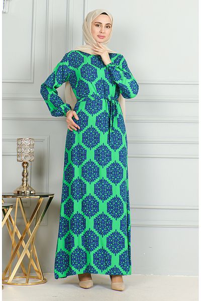 sefamerve Φόρεμα με φύλλο με σχέδιο βισκόζης - Emerald Green Saks 0493-04