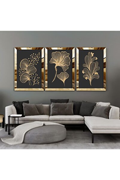 Harikabirev HARİKABİREV - 01 Model Combinație de flori și frunze aurii-negre, pictură MDF cu cadru Plexi KRFZ