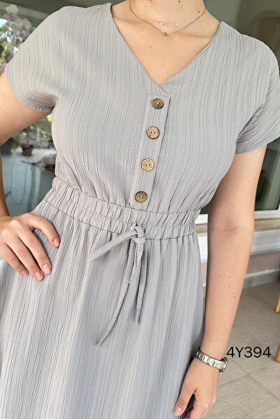 İnce Topuk Button Detailed Elastic Waist Dress - 4Y394