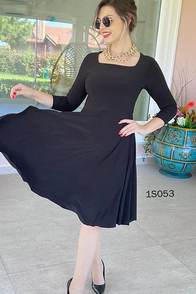 İnce Topuk Rochie cu guler pătrat de lungime midi - 1s053