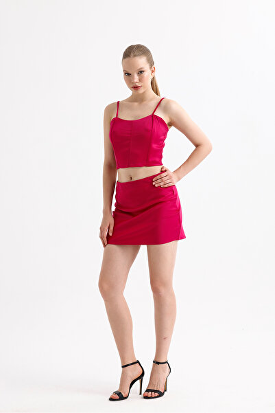 Sense Satin Mini Skirt with Elastic Waist | Etk35774 Fuchsia