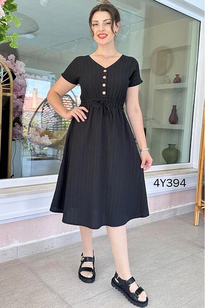 İnce Topuk Elastic Waist Button Detail Dress 4Y394