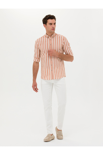 Cacharel Kiremit Slim Fit Uzun Kollu Çizgili Gömlek 50265483-VR031