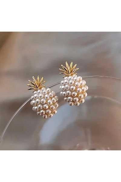 Accessories Moon Home Collection Gold Detailed Pineapple Pearl Women's Earrings