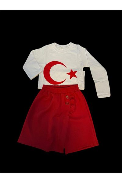 Kuraff Giyim Unisex Long Sleeve Star Printed Tee and Red Shorts Skirt Suit