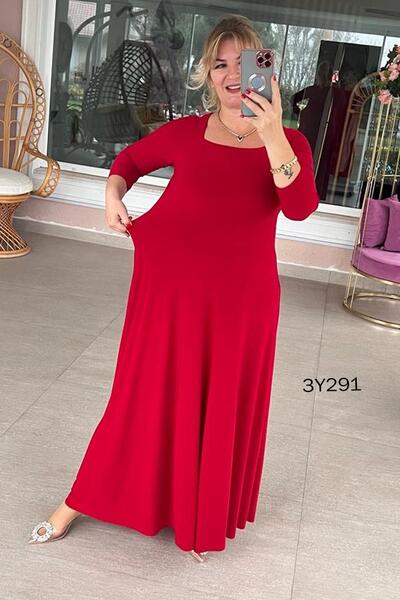 İnce Topuk Square Collar Lycra Long Dress - 3y291