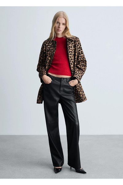 MANGO Woman Mid-Waisted Leather Look Trousers