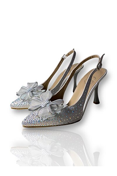 Zarifiz حذاء نسائي بكعب عالٍ مزين بفيونكة حجرية (ارتفاع الكعب 9 سم) - فضي