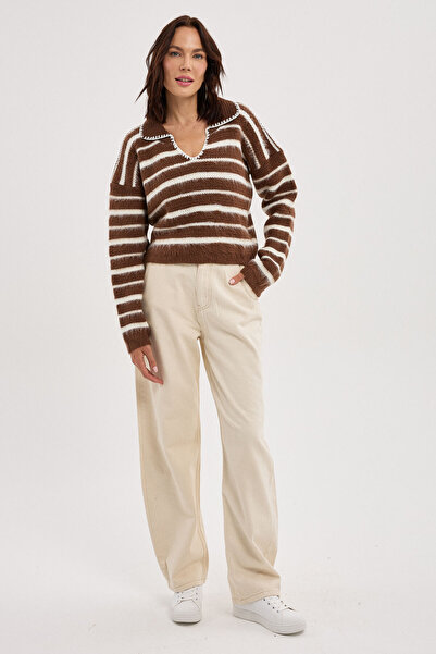 BEJNA Women's Brown Embroidered Polo Collar Striped Knitwear Sweater