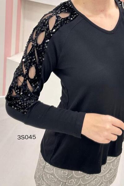 İnce Topuk Laser Cut Pul Detail Blouse with Sleeves 3S045
